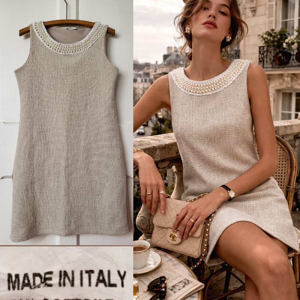 Vintage Cream Pearl Collar Shift Dress Textured Woven Mini 60s mod Size S